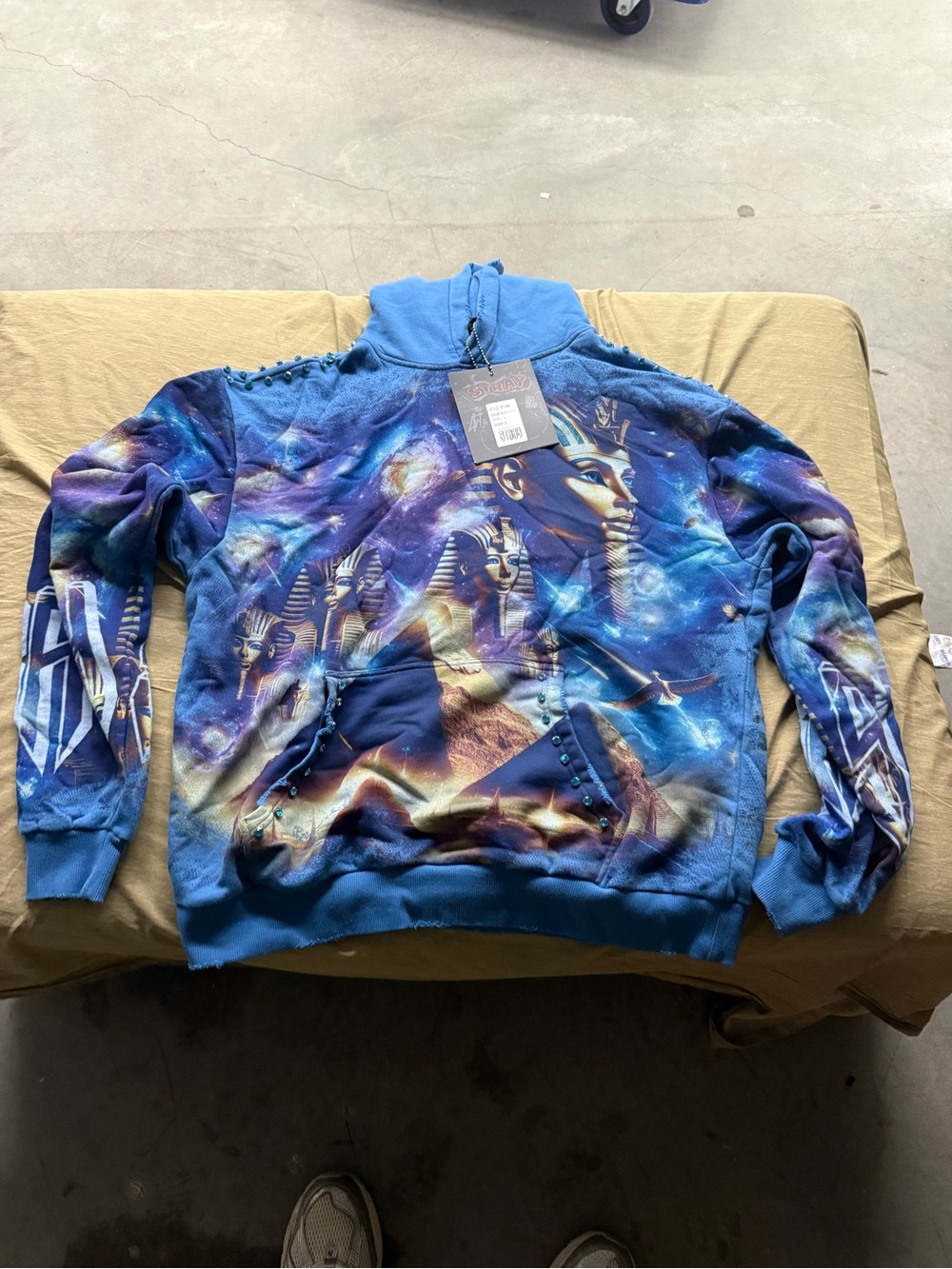 Stray Mens Blue Graphic Egyptian Pharaoh Fleece Hoodie